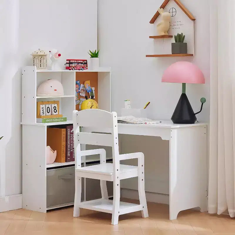 Kids Corner Desk, Desk and Chair Set for Children, L Shape Kids Study Table Features Bulletin Board Open Shelves Storage Cabinets and Cloth Drawers