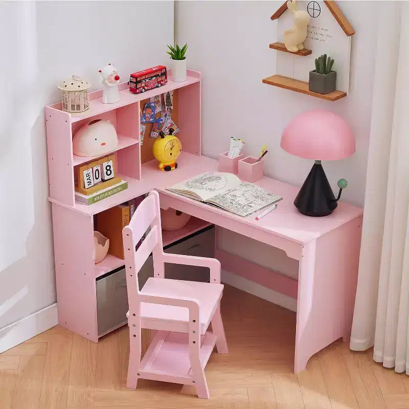 Kids Corner Desk, Desk and Chair Set for Children, L Shape Kids Study Table Features Bulletin Board Open Shelves Storage Cabinets and Cloth Drawers