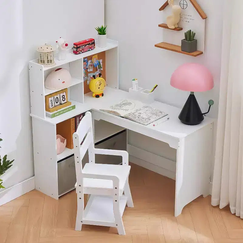 Kids Corner Desk, Desk and Chair Set for Children, L Shape Kids Study Table Features Bulletin Board Open Shelves Storage Cabinets and Cloth Drawers