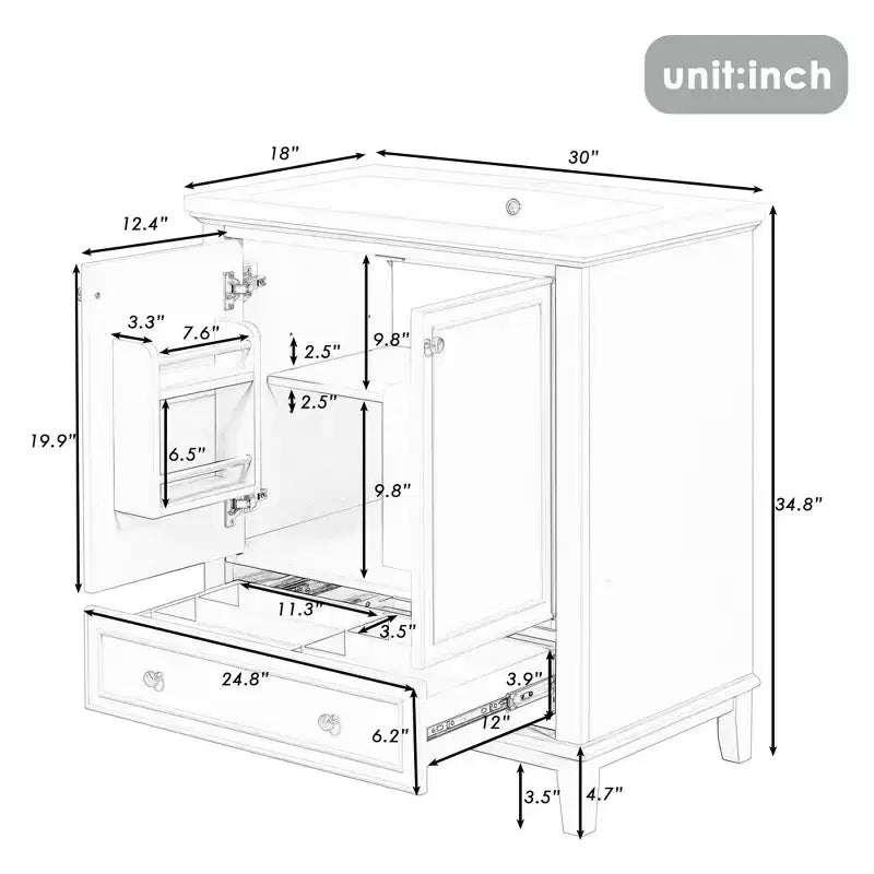 30 Bathroom Vanity with Sink Combo, Multi-functional Bathroom Cabinet with Doors and Drawer Black