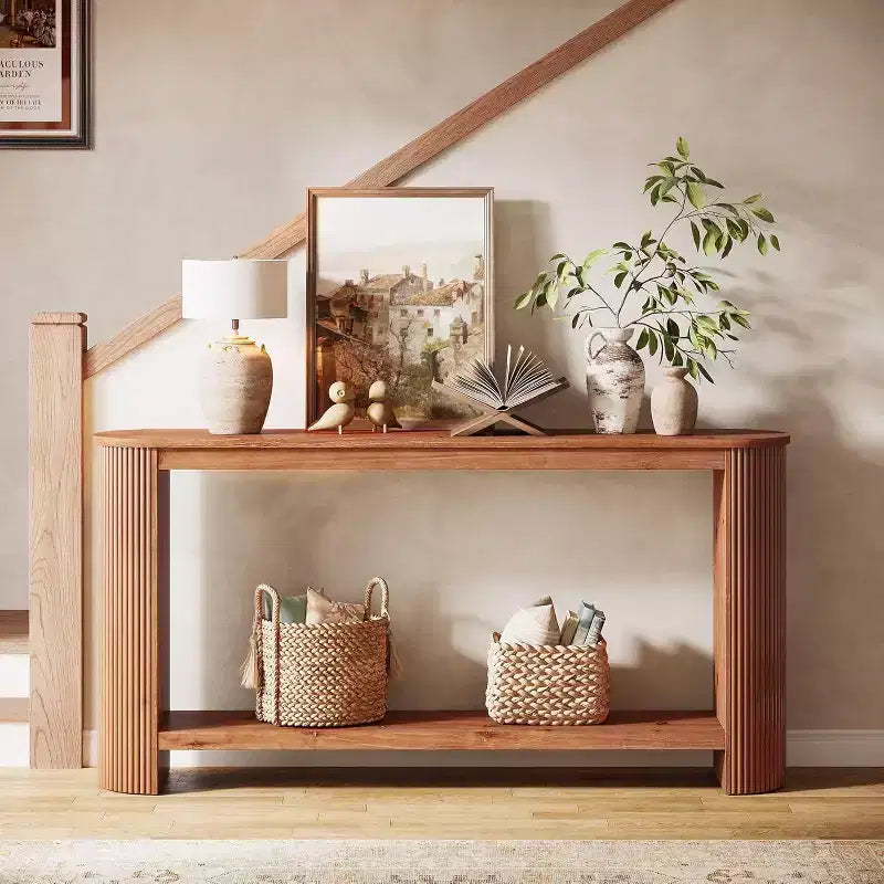 63 Long Solid Wood Console Table, Farmhouse 2-Tier Narrow Sofa Entryway Table for Living Room, Hallway, Easy Assembly