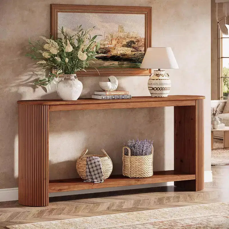 63 Long Solid Wood Console Table, Farmhouse 2-Tier Narrow Sofa Entryway Table for Living Room, Hallway, Easy Assembly