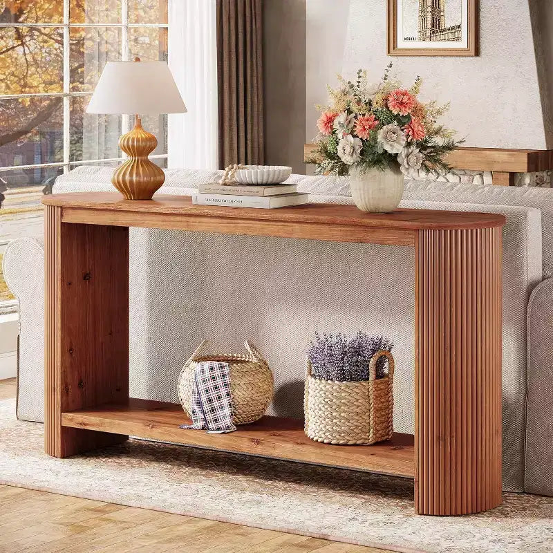 63 Long Solid Wood Console Table, Farmhouse 2-Tier Narrow Sofa Entryway Table for Living Room, Hallway, Easy Assembly
