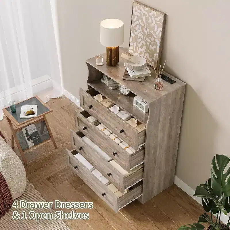 4 Drawer Wooden Dressers for Bedroom, Modern Nightstand for Bedside, Wood Chest of Drawers Storage Organizer for Living Room, Hallway, Closet