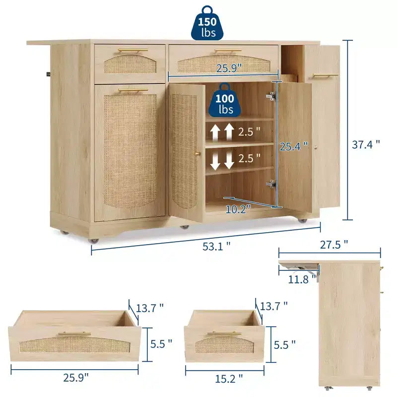53 Kitchen Island With Drop Leaf, Rolling Kitchen Island Table on Wheels, Tilt Out Trash Can Cabinet with Drawers, Spice Rack for Living Room