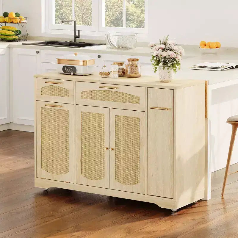 53 Kitchen Island With Drop Leaf, Rolling Kitchen Island Table on Wheels, Tilt Out Trash Can Cabinet with Drawers, Spice Rack for Living Room