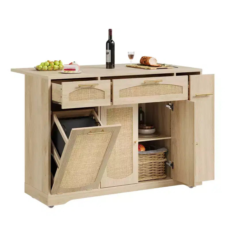 53 Kitchen Island With Drop Leaf, Rolling Kitchen Island Table on Wheels, Tilt Out Trash Can Cabinet with Drawers, Spice Rack for Living Room