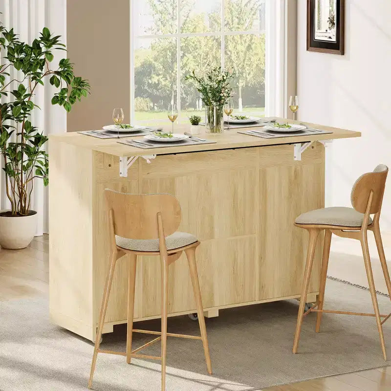 53 Kitchen Island With Drop Leaf, Rolling Kitchen Island Table on Wheels, Tilt Out Trash Can Cabinet with Drawers, Spice Rack for Living Room