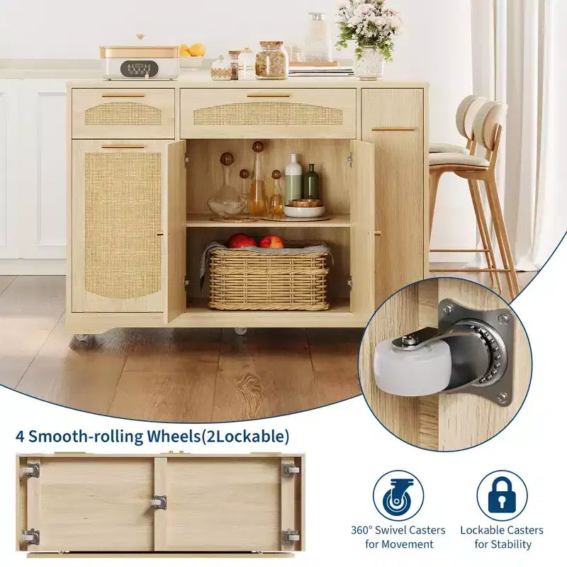 53 Kitchen Island With Drop Leaf, Rolling Kitchen Island Table on Wheels, Tilt Out Trash Can Cabinet with Drawers, Spice Rack for Living Room