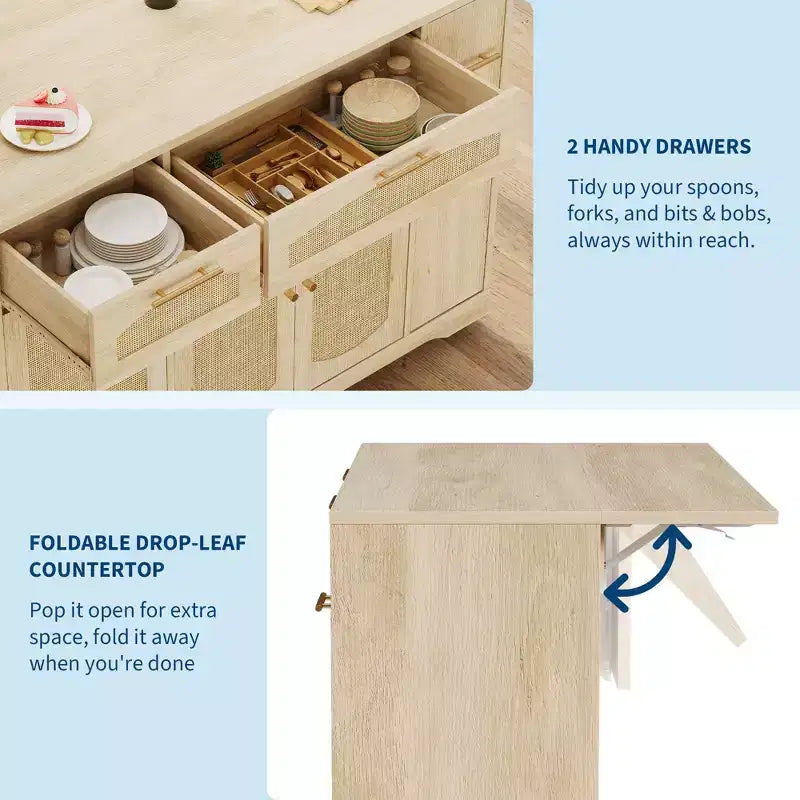 53 Kitchen Island With Drop Leaf, Rolling Kitchen Island Table on Wheels, Tilt Out Trash Can Cabinet with Drawers, Spice Rack for Living Room