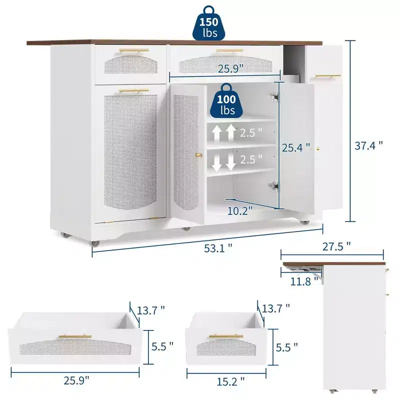 53 Kitchen Island With Drop Leaf, Rolling Kitchen Island Table on Wheels, Tilt Out Trash Can Cabinet with Drawers, Spice Rack for Living Room