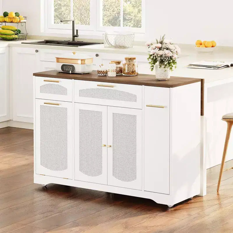 53 Kitchen Island With Drop Leaf, Rolling Kitchen Island Table on Wheels, Tilt Out Trash Can Cabinet with Drawers, Spice Rack for Living Room