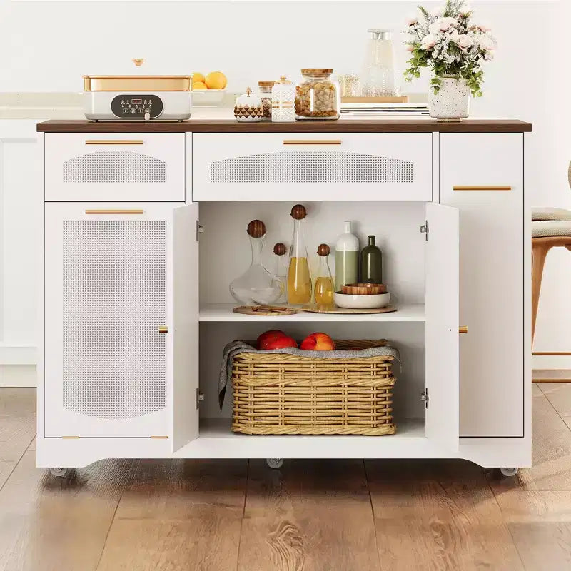 53 Kitchen Island With Drop Leaf, Rolling Kitchen Island Table on Wheels, Tilt Out Trash Can Cabinet with Drawers, Spice Rack for Living Room