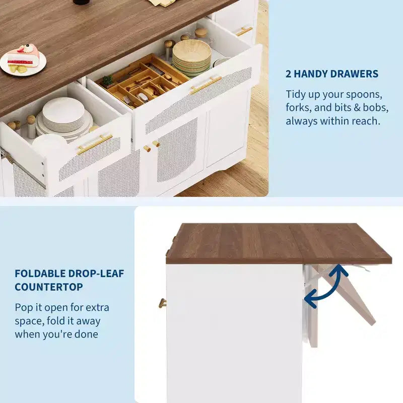 53 Kitchen Island With Drop Leaf, Rolling Kitchen Island Table on Wheels, Tilt Out Trash Can Cabinet with Drawers, Spice Rack for Living Room