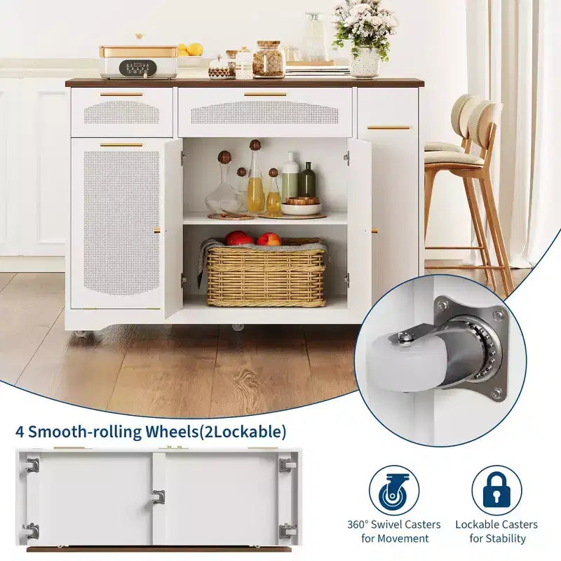 53 Kitchen Island With Drop Leaf, Rolling Kitchen Island Table on Wheels, Tilt Out Trash Can Cabinet with Drawers, Spice Rack for Living Room