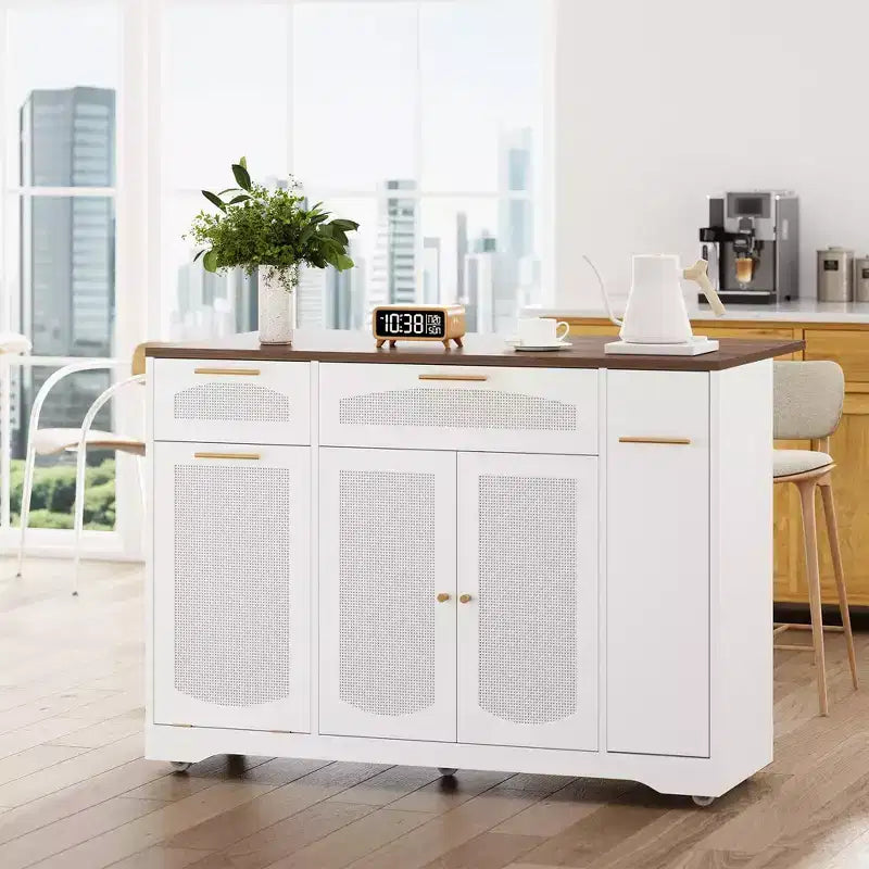 53 Kitchen Island With Drop Leaf, Rolling Kitchen Island Table on Wheels, Tilt Out Trash Can Cabinet with Drawers, Spice Rack for Living Room