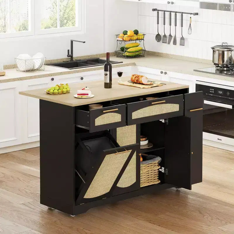 53 Kitchen Island With Drop Leaf, Rolling Kitchen Island Table on Wheels, Tilt Out Trash Can Cabinet with Drawers, Spice Rack for Living Room