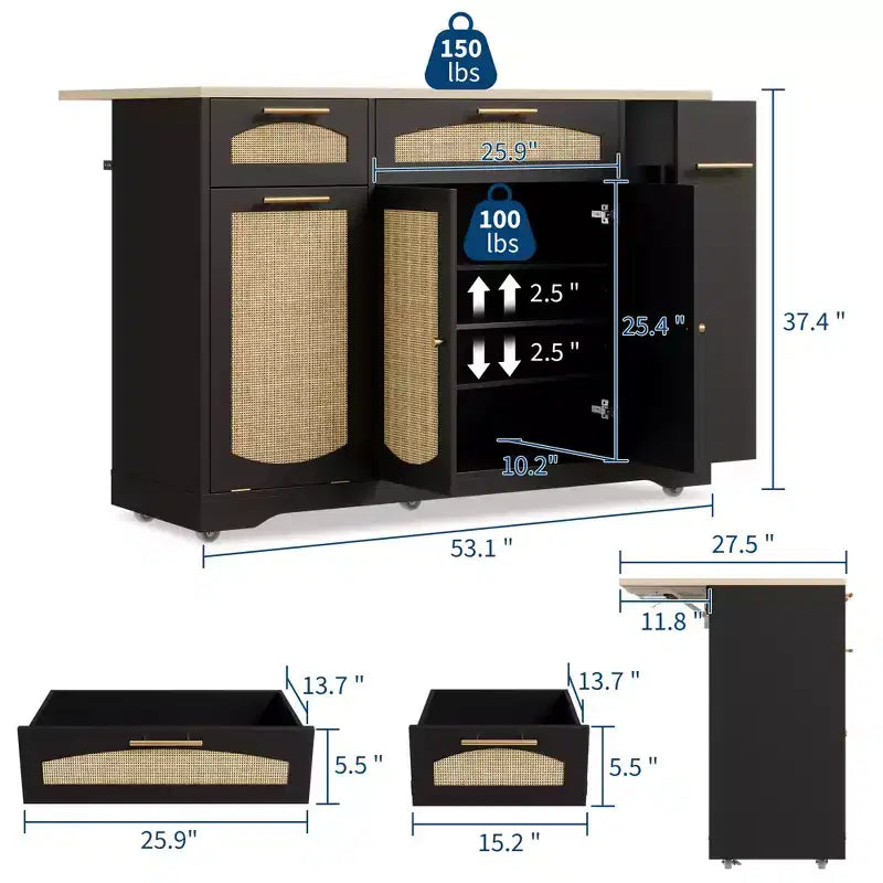 53 Kitchen Island With Drop Leaf, Rolling Kitchen Island Table on Wheels, Tilt Out Trash Can Cabinet with Drawers, Spice Rack for Living Room