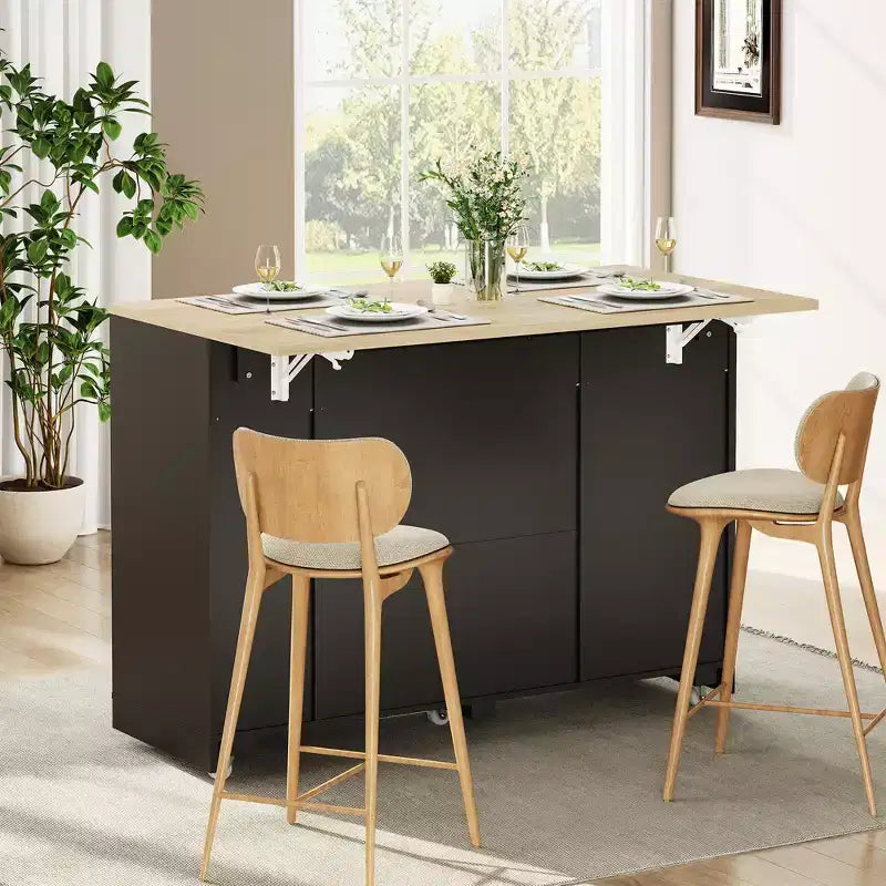 53 Kitchen Island With Drop Leaf, Rolling Kitchen Island Table on Wheels, Tilt Out Trash Can Cabinet with Drawers, Spice Rack for Living Room