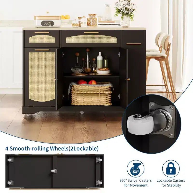 53 Kitchen Island With Drop Leaf, Rolling Kitchen Island Table on Wheels, Tilt Out Trash Can Cabinet with Drawers, Spice Rack for Living Room