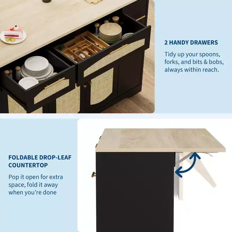 53 Kitchen Island With Drop Leaf, Rolling Kitchen Island Table on Wheels, Tilt Out Trash Can Cabinet with Drawers, Spice Rack for Living Room