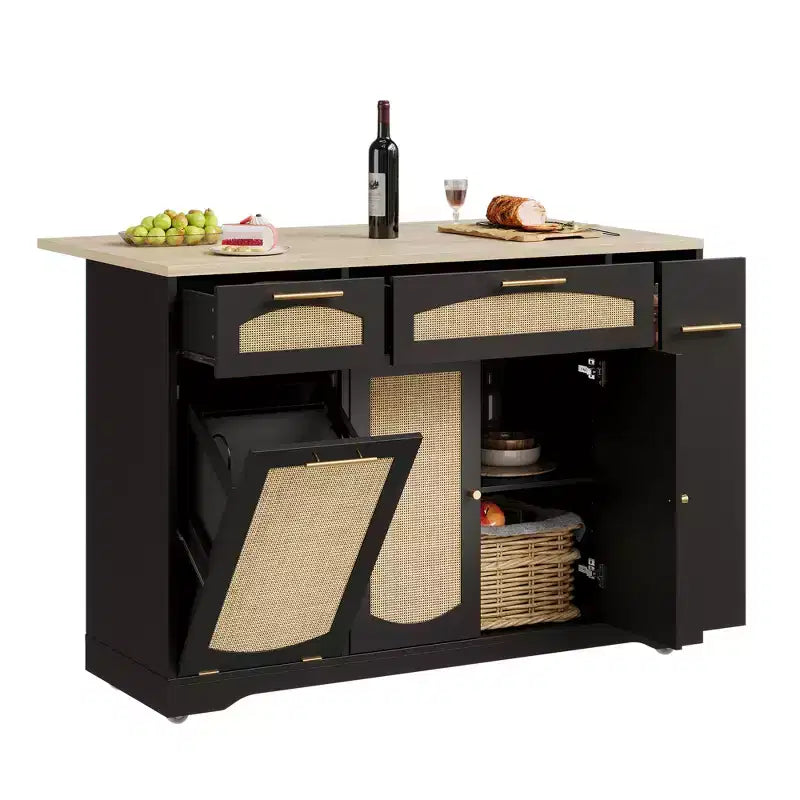 53 Kitchen Island With Drop Leaf, Rolling Kitchen Island Table on Wheels, Tilt Out Trash Can Cabinet with Drawers, Spice Rack for Living Room
