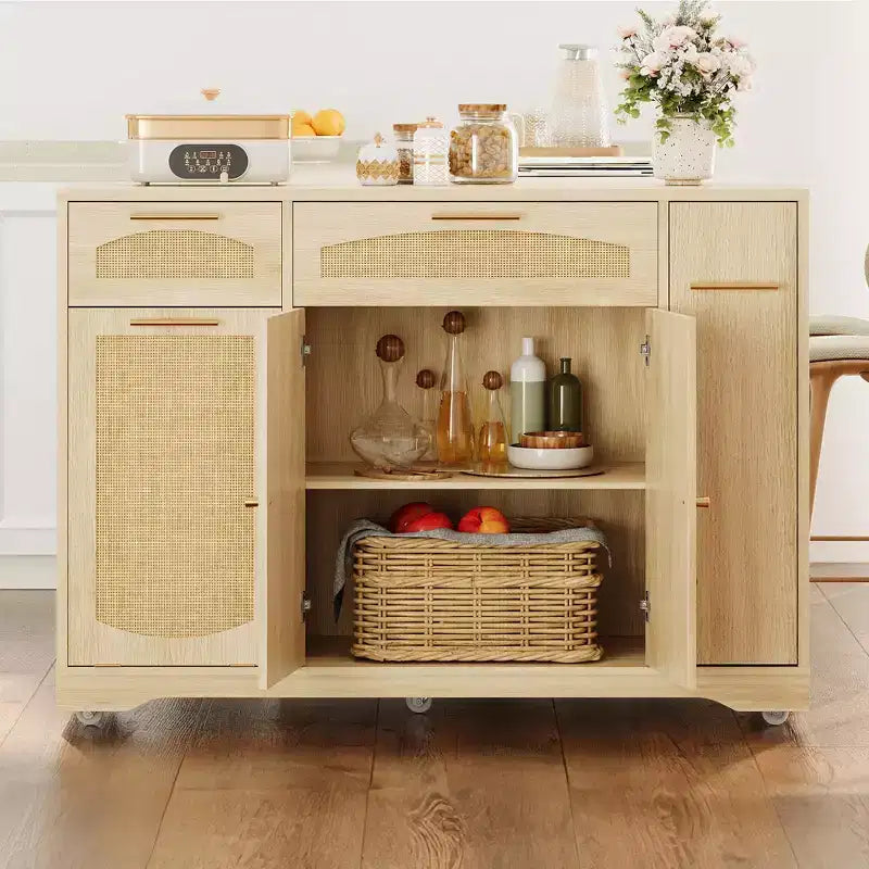 53 Kitchen Island With Drop Leaf, Rolling Kitchen Island Table on Wheels, Tilt Out Trash Can Cabinet with Drawers, Spice Rack for Living Room
