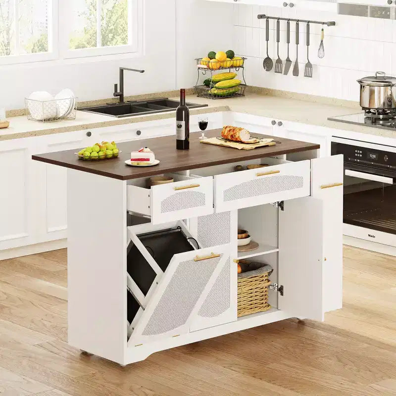 53 Kitchen Island With Drop Leaf, Rolling Kitchen Island Table on Wheels, Tilt Out Trash Can Cabinet with Drawers, Spice Rack for Living Room