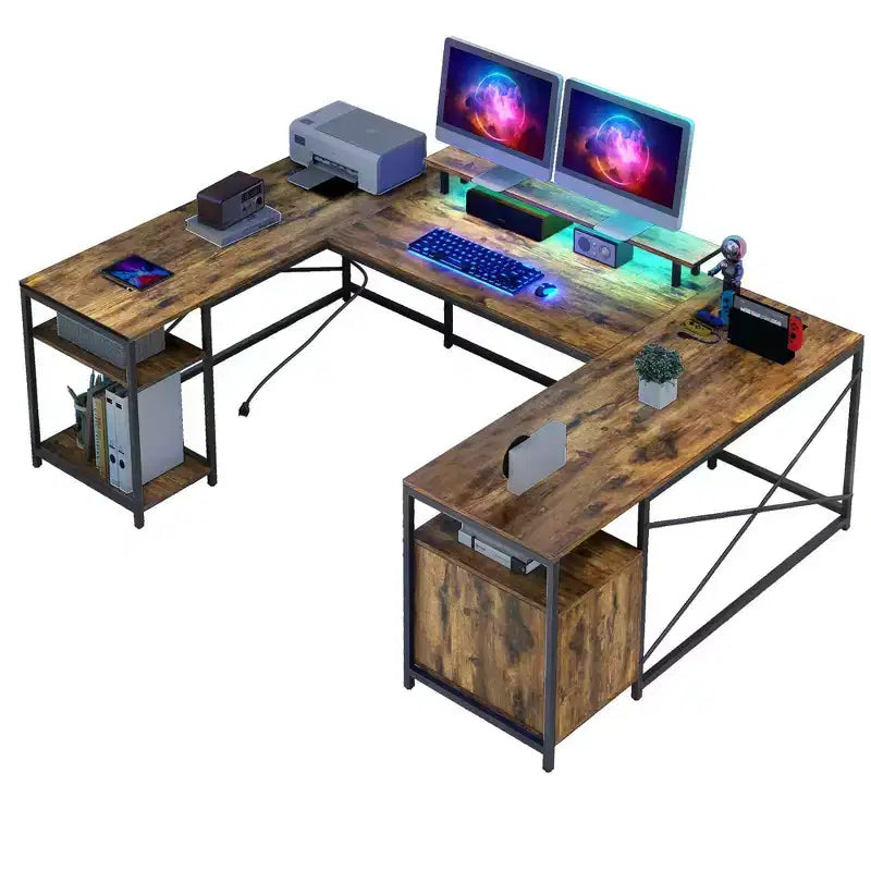U Shaped Desk With Drawers Corner Computer Desk Office Desk With Monitor Stand & Storage Shelves Brown