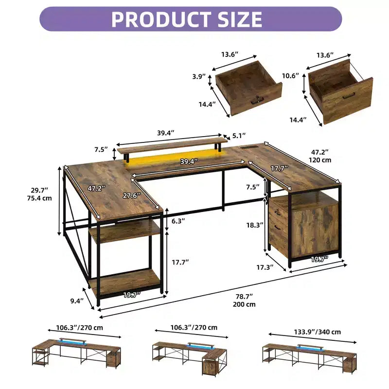 U Shaped Desk With Drawers Corner Computer Desk Office Desk With Monitor Stand & Storage Shelves Brown