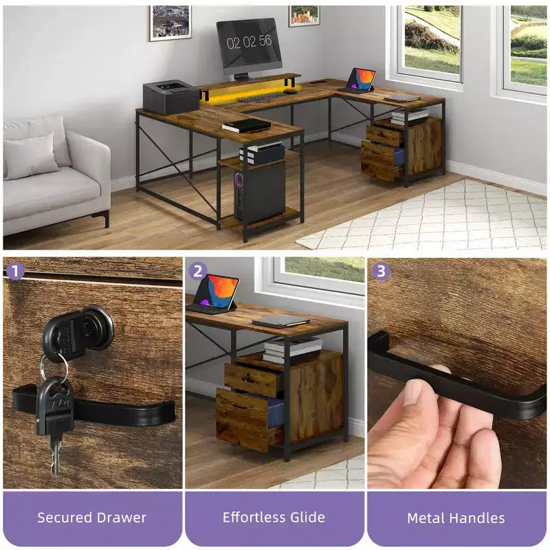 U Shaped Desk With Drawers Corner Computer Desk Office Desk With Monitor Stand & Storage Shelves Brown
