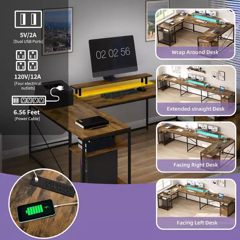 U Shaped Desk With Drawers Corner Computer Desk Office Desk With Monitor Stand & Storage Shelves Brown