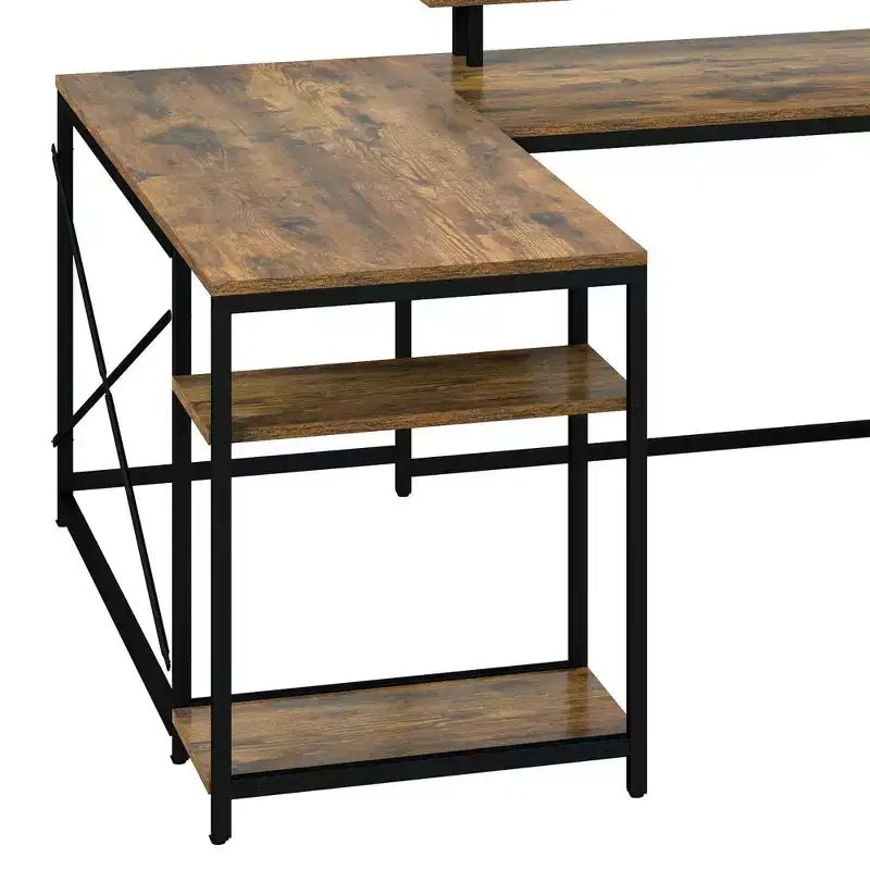 U Shaped Desk With Drawers Corner Computer Desk Office Desk With Monitor Stand & Storage Shelves Brown