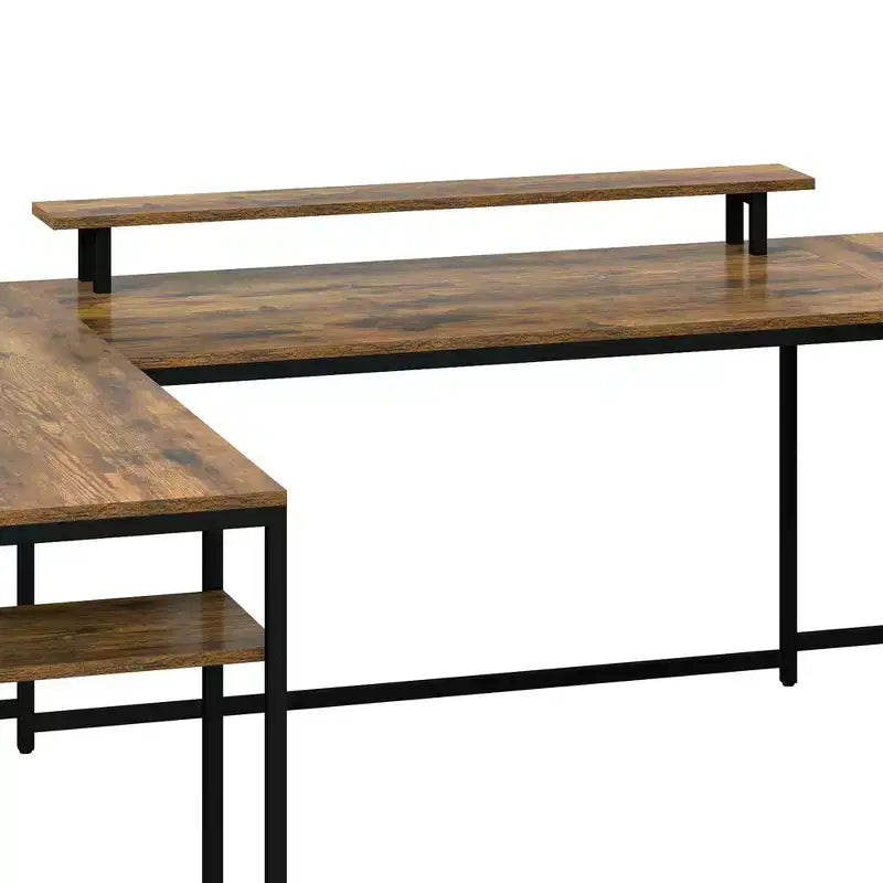 U Shaped Desk With Drawers Corner Computer Desk Office Desk With Monitor Stand & Storage Shelves Brown