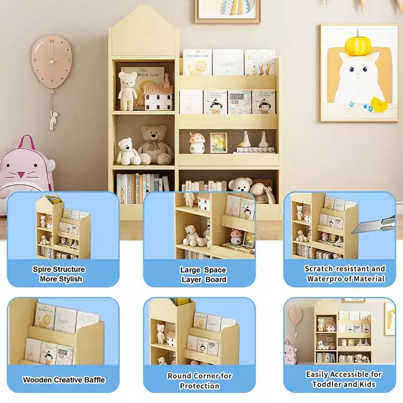 Wood Kids Bookshelf with 6 Compartments 2 Baskets Bins,Toy Storage Organizer for Bedroom,Nursery,Hallway,Living Room,Playroom