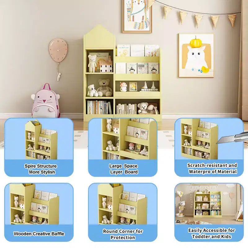 Wood Kids Bookshelf with 6 Compartments 2 Baskets Bins,Toy Storage Organizer for Bedroom,Nursery,Hallway,Living Room,Playroom