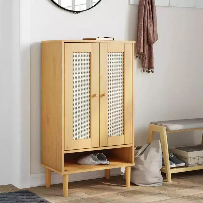 Shoe Cabinet Accent Storage Organizer SENJA Rattan Look Solid Wood