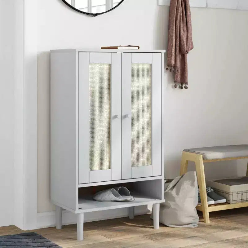 Shoe Cabinet Accent Storage Organizer SENJA Rattan Look Solid Wood