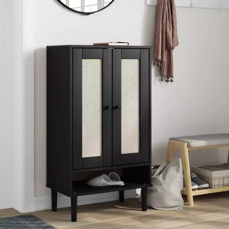 Shoe Cabinet Accent Storage Organizer SENJA Rattan Look Solid Wood