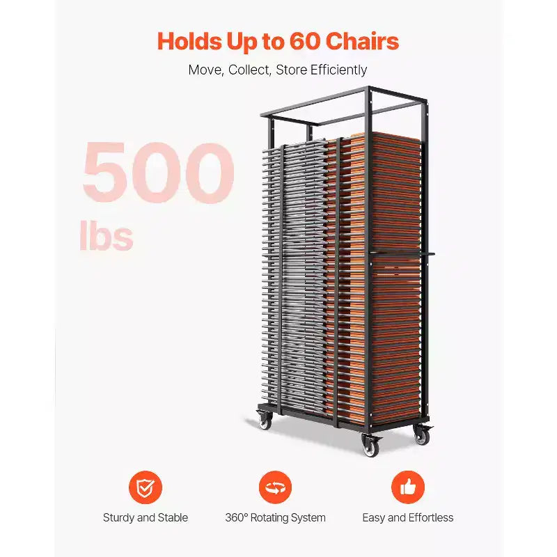 Folding Chair Rack, 500 LBS Capacity, Heavy-duty Chair Cart for 60 Chairs,Metal Chair Storage Dolly Chair Holder with Swivel Casters,Matte Black