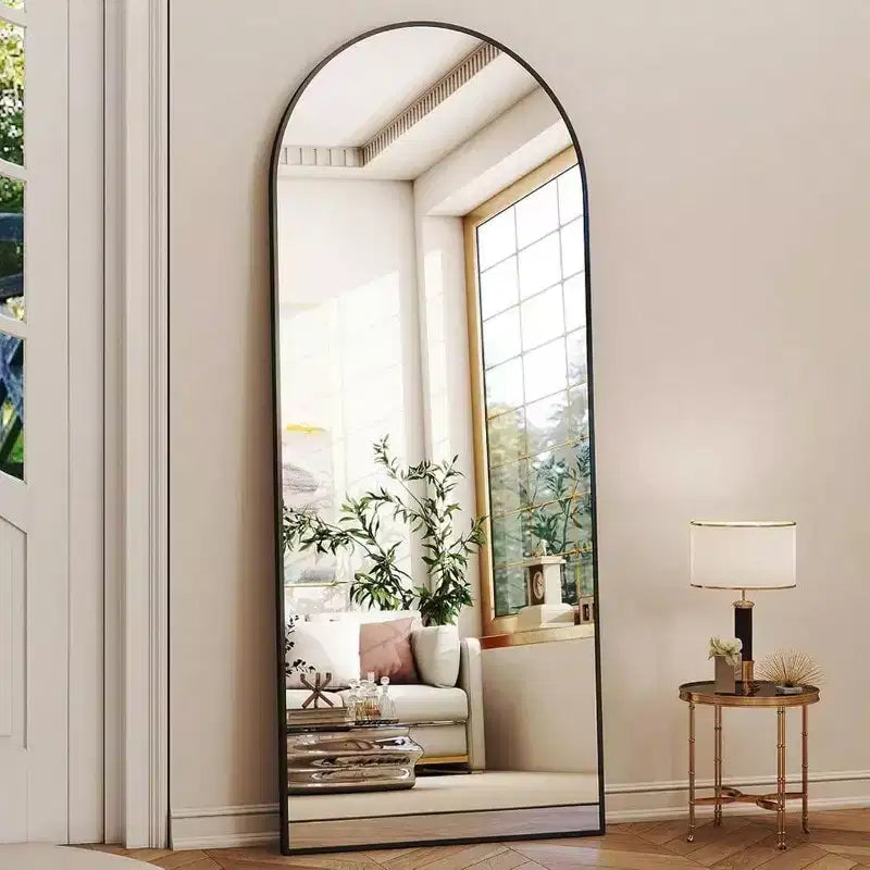 56 Inch Arched Full Length Mirror with Aluminum Alloy Frame Black Standing Wall Mounted Floor Mirror Large Dressing Mirror