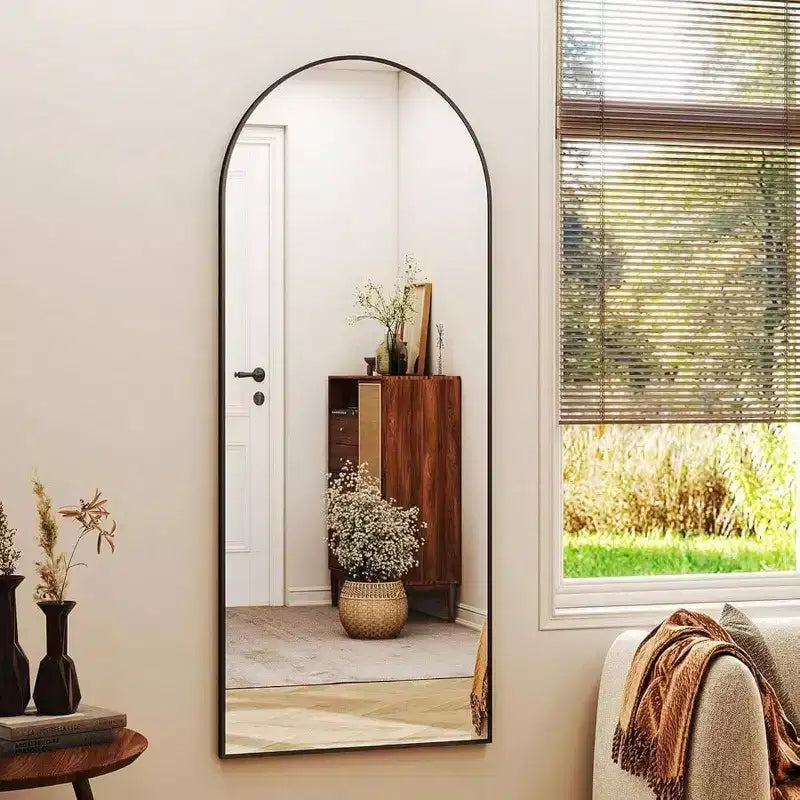 56 Inch Arched Full Length Mirror with Aluminum Alloy Frame Black Standing Wall Mounted Floor Mirror Large Dressing Mirror