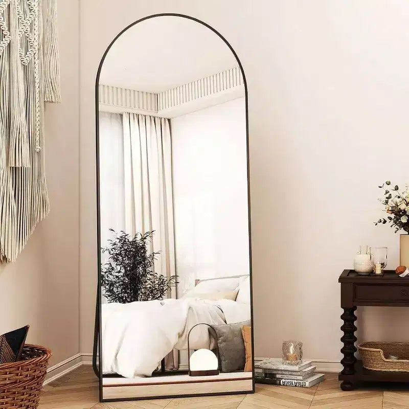 56 Inch Arched Full Length Mirror with Aluminum Alloy Frame Black Standing Wall Mounted Floor Mirror Large Dressing Mirror