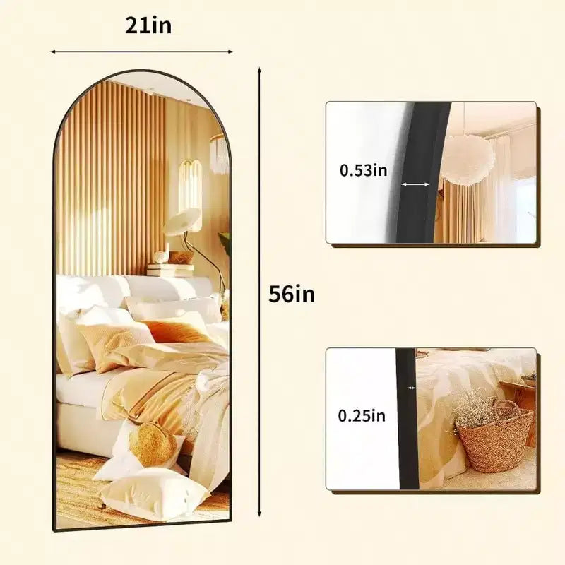56 Inch Arched Full Length Mirror with Aluminum Alloy Frame Black Standing Wall Mounted Floor Mirror Large Dressing Mirror