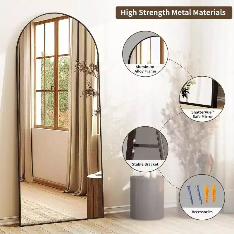 56 Inch Arched Full Length Mirror with Aluminum Alloy Frame Black Standing Wall Mounted Floor Mirror Large Dressing Mirror