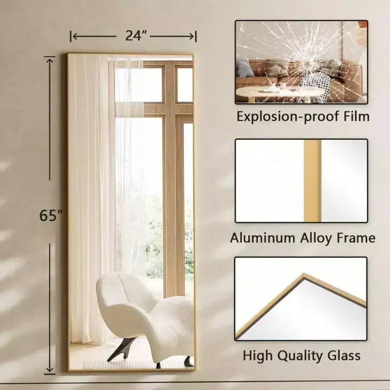 Large Mirrors Wall 65 inchx24 inch Full Length Mirror with Stand Gold Aluminum Alloy Frame Floor Standing Mirror Bedroom Living