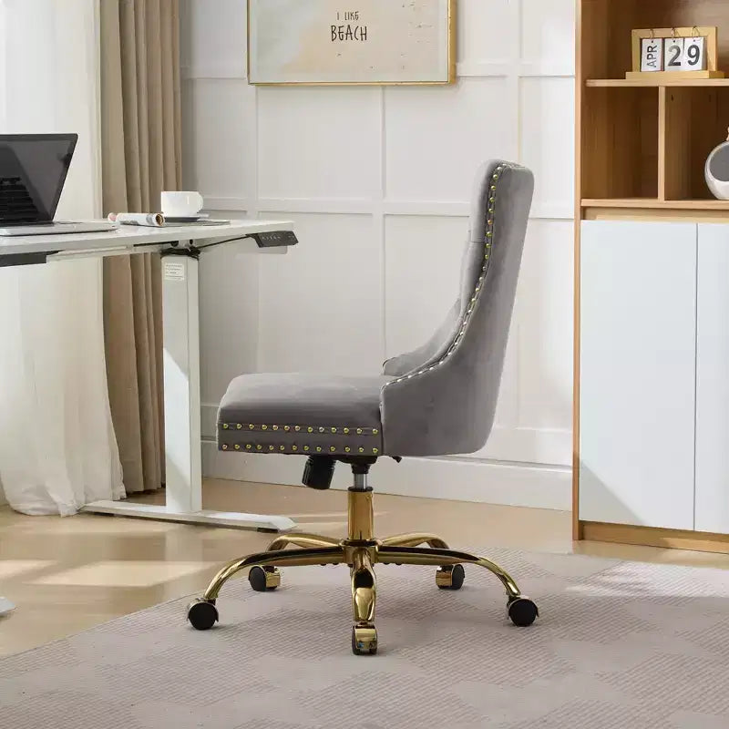 Modern Swivel Home Office Chair with Tufted Back,Plush Velvet Computer Chair with Chrome Metal Base,19.7-22.4Adjustable Height