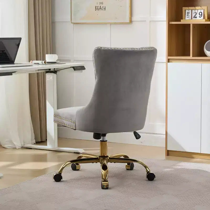 Modern Swivel Home Office Chair with Tufted Back,Plush Velvet Computer Chair with Chrome Metal Base,19.7-22.4Adjustable Height