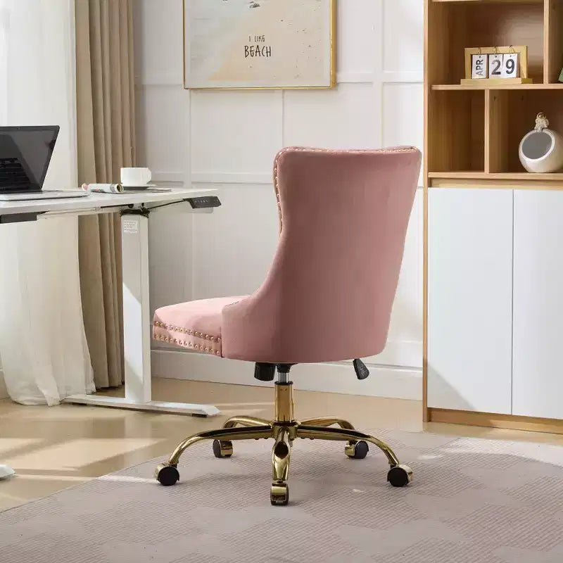 Modern Swivel Home Office Chair with Tufted Back,Plush Velvet Computer Chair with Chrome Metal Base,19.7-22.4Adjustable Height