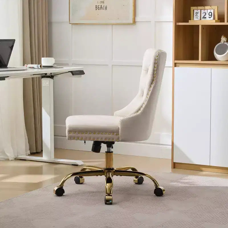 Modern Swivel Home Office Chair with Tufted Back,Plush Velvet Computer Chair with Chrome Metal Base,19.7-22.4Adjustable Height